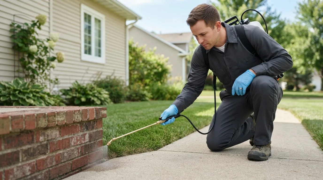 Pest control technician treating a home near Bourbonnais, IL
